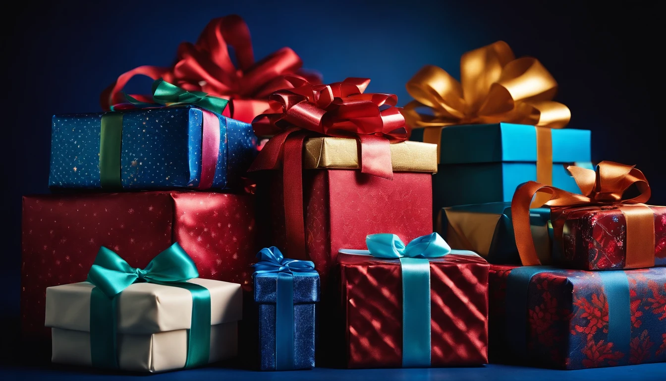 A visually stunning composition of colorful wrapped Christmas presents piled up against a bold blue background, with ribbons and bows, creating a vibrant and cheerful image