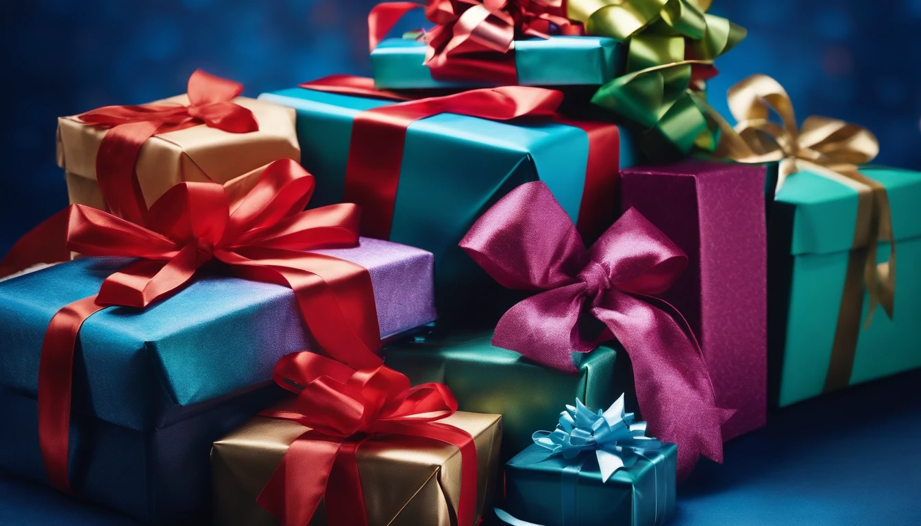 A visually stunning composition of colorful wrapped Christmas presents piled up against a bold blue background, with ribbons and bows, creating a vibrant and cheerful image