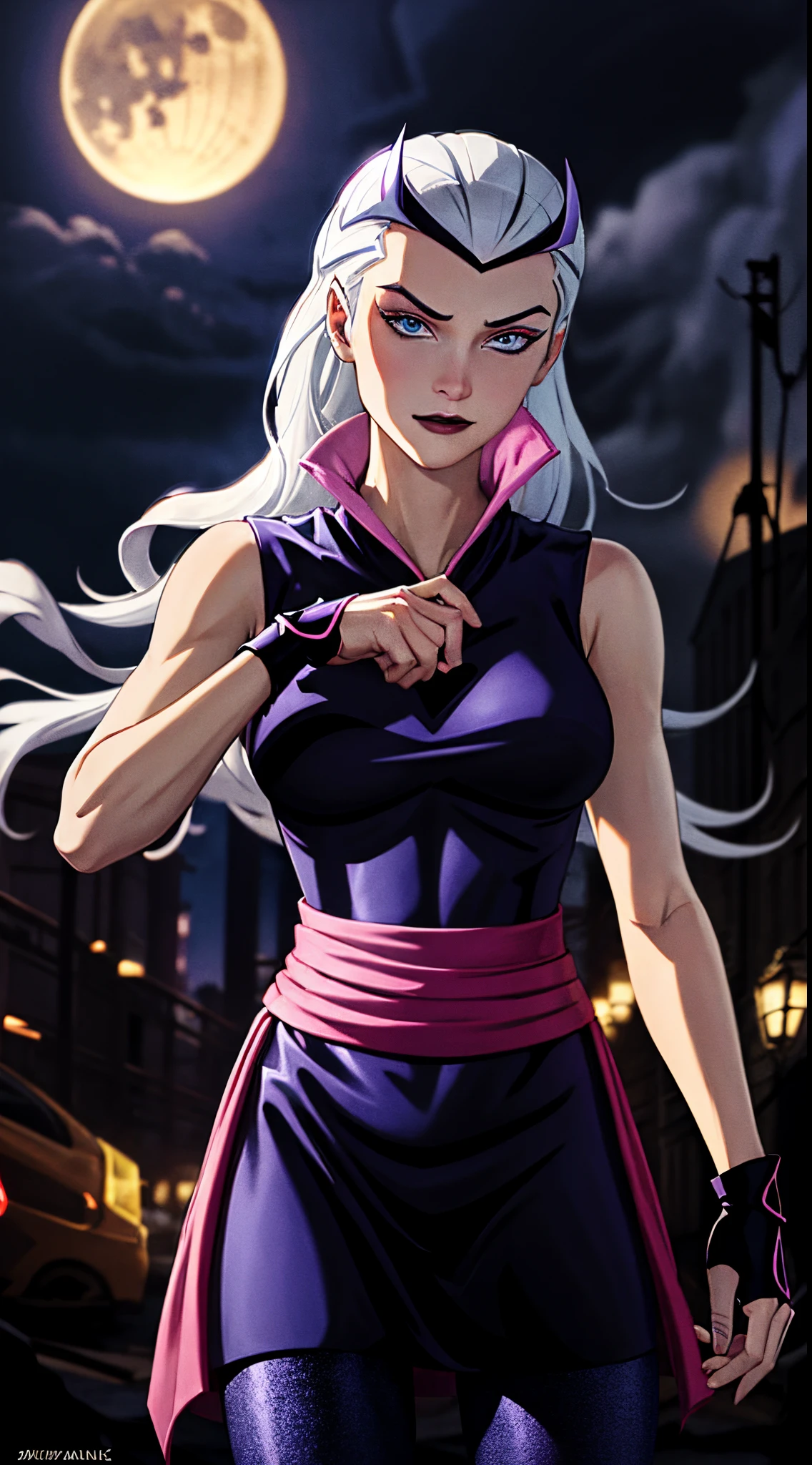 (cowboy shot), sfw,  (masterpiece), (best quality:1.0), (ultra highres:1.0), detailed eyes,
BREAK
Charmcaster, 1girl, slicked-back hair, blue eyes, long hair, dynamic pose, (black crown)
purple dress, sleeveless, popped collar, black tights, red gem, fingerless gloves, pink waist-sash
BREAK
(castle, night, moon,  gorgeous view)