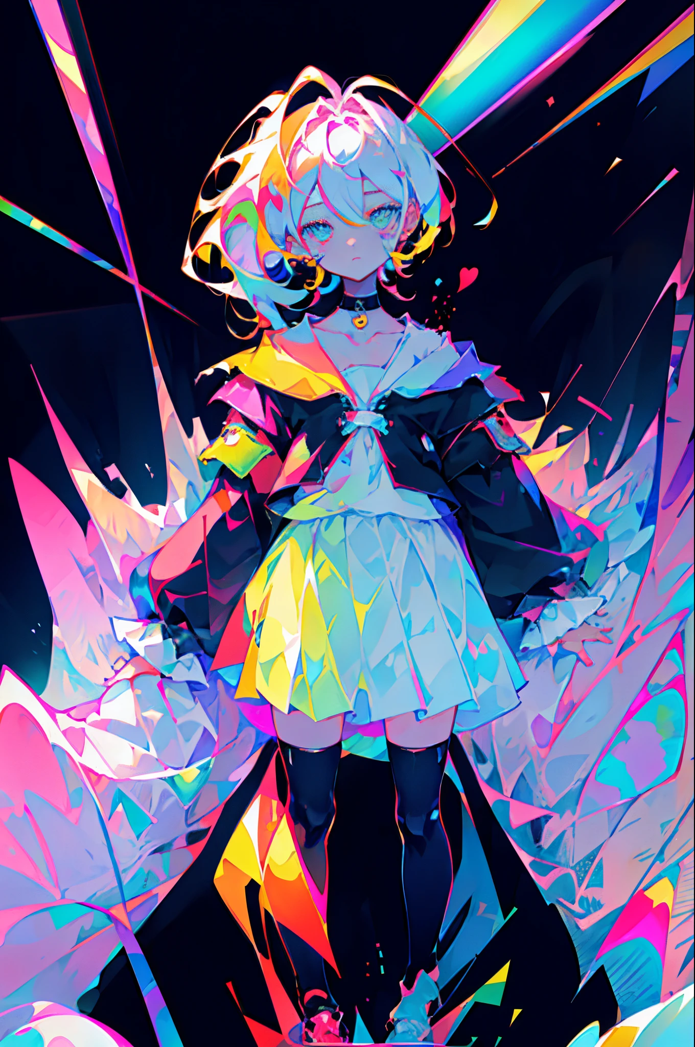 Rainbow on background、Irridescent color、colourfull、top-quality、超A high resolution、(Photorealsitic:1.4)、Female 1 Person、Sleeveless white buttoned shirt、Black skirt、Black Choker、cute little、(Kpop Idle)、(attractiveness:1)、(Platinum Blonde Hair:1)、((Puffy eyes))、Look at the viewer、full body Esbian、Facing the front
