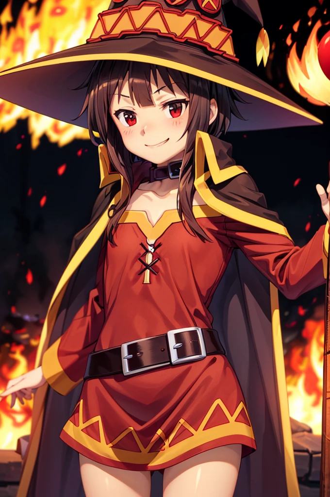 Perfect female shape, (1womanl), (Megumin), (Short-cut hair), Brown hair, Red eyes, (witch's hat:1.2), small chest, red robes, cute smile face, is standing, Looking at the camera, (The background is explosive flames:1.5), Naturally beautiful, Professional Lighting, (glistning skin:0.9), High quality, Highly detailed facial and skin texture, perfect hand,