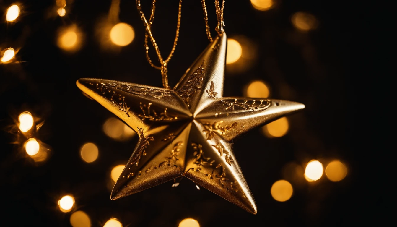 A close-up shot of a glowing golden Christmas star ornament hanging against a bold black background, creating a dramatic and elegant scene