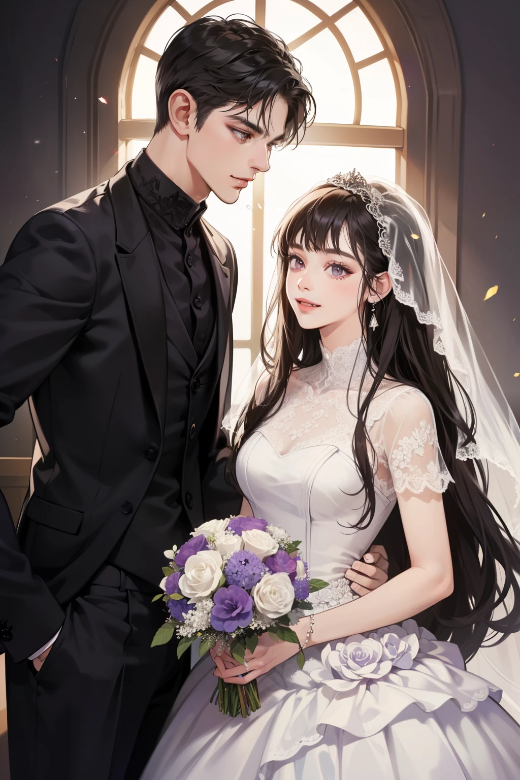 husband and wife, 1 male and 1 female, different hair color, Extremely detailed face, ((Woman with dark black front bangs, long hair and purple eyes)), Man with short dark brown hair and dark gray eyes, face to face, 25 age old, victorian age, (Woman wearing wedding dress,Bouquet in hand), (Man in suit,Smiling), dim murky lights, Boys are taller, (mier), (woman with dark purple eyes), (man with dark gray eyes), in wedding