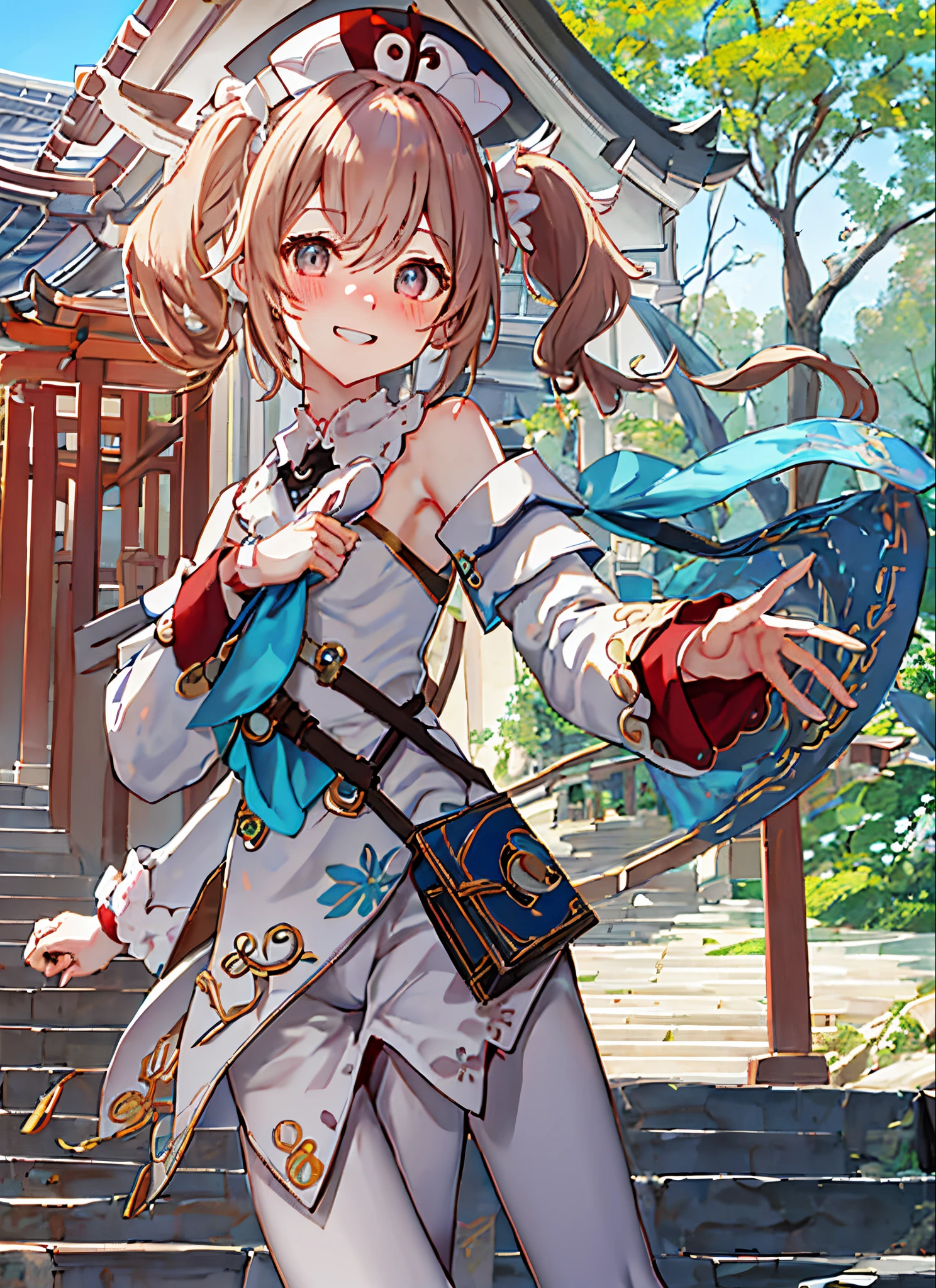 walnut differential, The upper part of the body, A smile, red blush, plein air, tag, simple background, blue open sky, shorth hair, 天空, temple, looking at the viewers, stairway, mont, Moody lighting, Facing your audience,