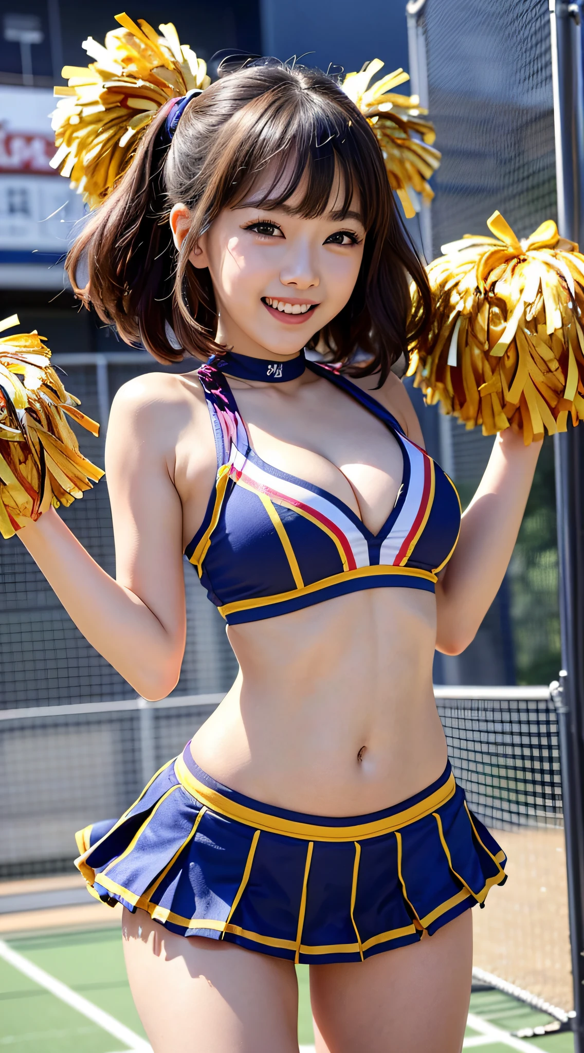 (RAW shooting:1.2)、(Photorealsitic:1.4)、(​masterpiece:1.3)、(top-quality:1.4)、japanese beautiful woman、beautiful eyes finely detailed、eye lashes、beautiful double eyelid、eyeshadows、Perfect eye makeup solo、cute little、(cute  face)、、(Smile full of happiness:1.4)、(Looks happy:1.3)、kindly smile、Expression in a state of excitement、(Short Bob:1.2)、fluffy hair、(Angle from below:1.3)、(FULL BODYSHOT)、More skin、二重まぶた、(large full breasts:1.3)、beauty breast、(cleavage of the breast)、(erectile nipple:1.2)、(cheer girl:1.5)、(a miniskirt)、Beautiful and thin legs、(Perfect body shape beauty:1.3)、shinny skin、(Lively poses like cheerleading:1.5)、(2 large bonbons:1.3)、Jumping、Make eye contact with the camera、stadio、Night、Sexy navel、Skinny Legs、tthin eyebrows、lofty nose、(extemely sexy:1.3)、bokeh dof、obscenity、erotick、