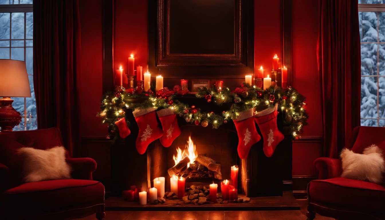 A visually pleasing composition of a fireplace adorned with stockings, garlands, and glowing candles against a bold red background, creating a cozy and inviting scene.