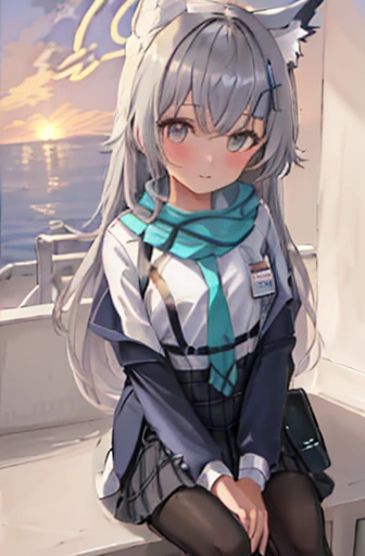 Best Quality, Flat color, Low contrast, ((1girl in)),(((Very delicate and beautiful girl))),(beautifull detailed face),(Beautiful detailed eyes),{Long hair},hair adornments,((middlebreasts)),cabelos preto e longos,Hair Ribbon,School uniform , Standing,((Looking at Viewer:1.6)), View from below,Beautiful detailed sky,Bright sky,Cloudy sky,Sunlight, (detailedlight),Lighting,Colorful,ocean,Beach, Bridge,The path to school,skyscraper, Autumn, Haze