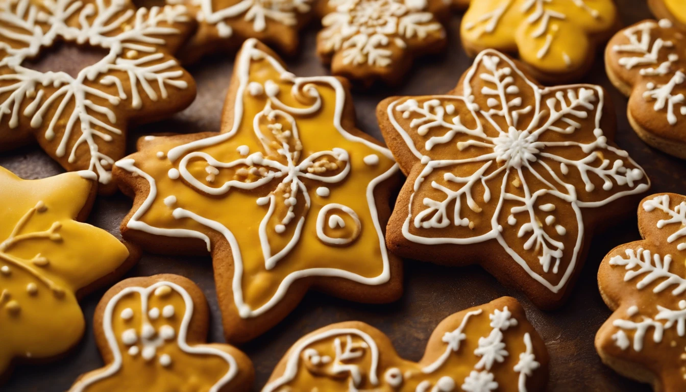 A close-up shot of a plate of freshly baked gingerbread cookies against a bold yellow background, with intricate icing designs and festive shapes, creating a visually appealing and mouthwatering image