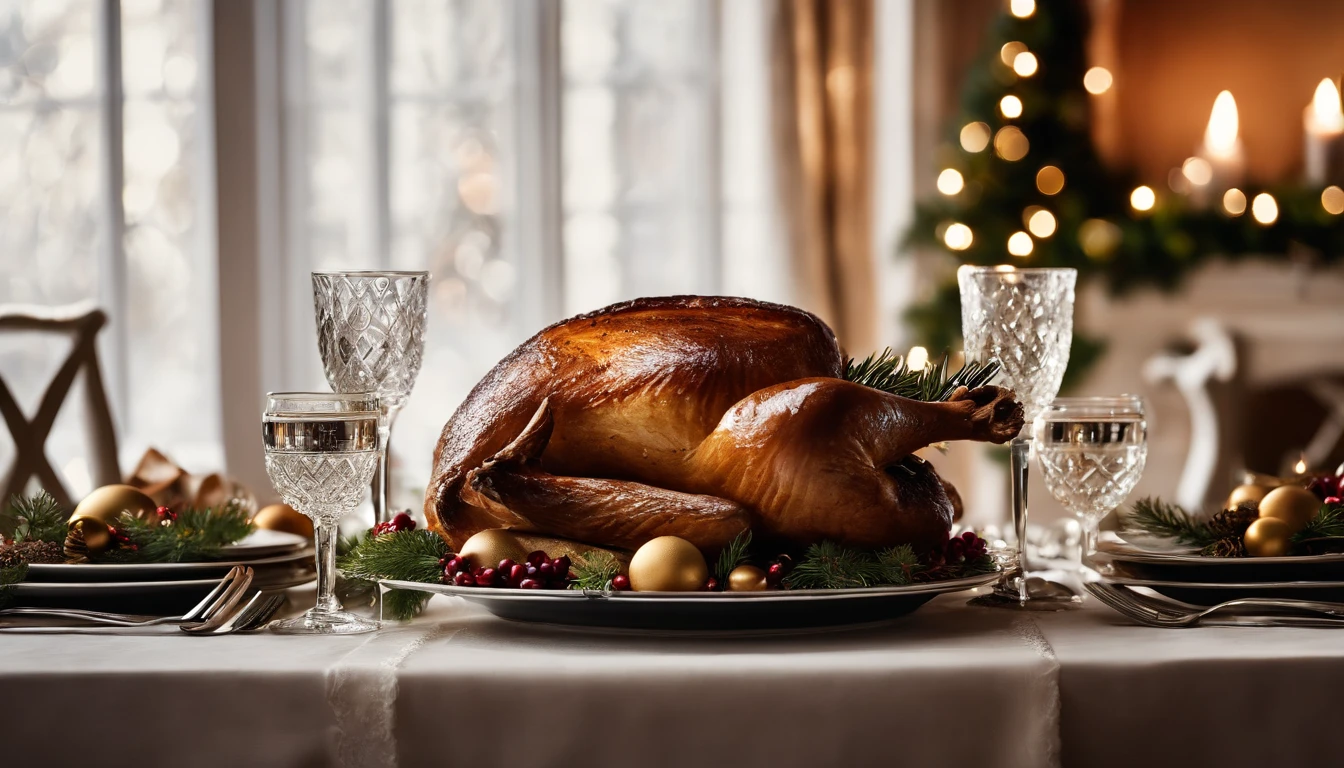 A high-resolution image of a table set for a Christmas feast against a bold white background, with elegantly arranged dishes, silverware, and sparkling glassware, creating a visually stunning and celebratory scene