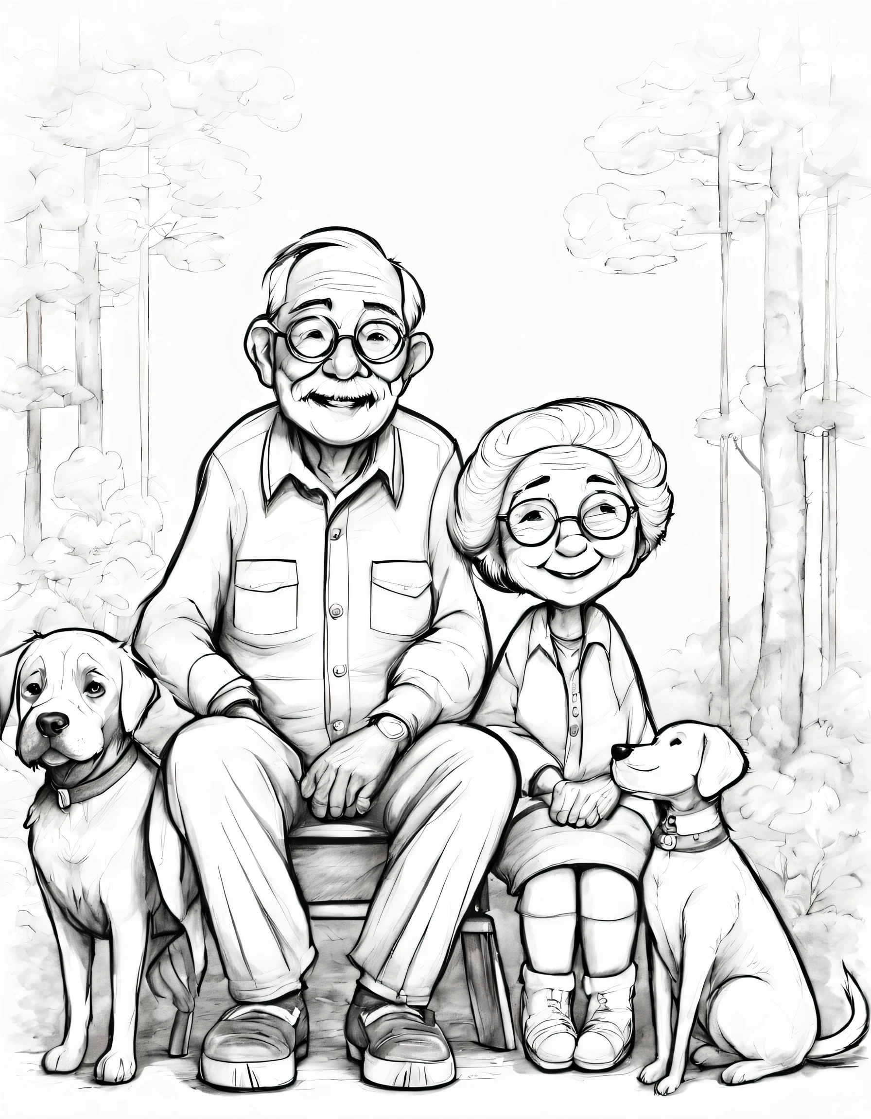 character concept design, line art，grandpa and grandma，doggy，High-quality illustrations，pencil drawing，pen painting，