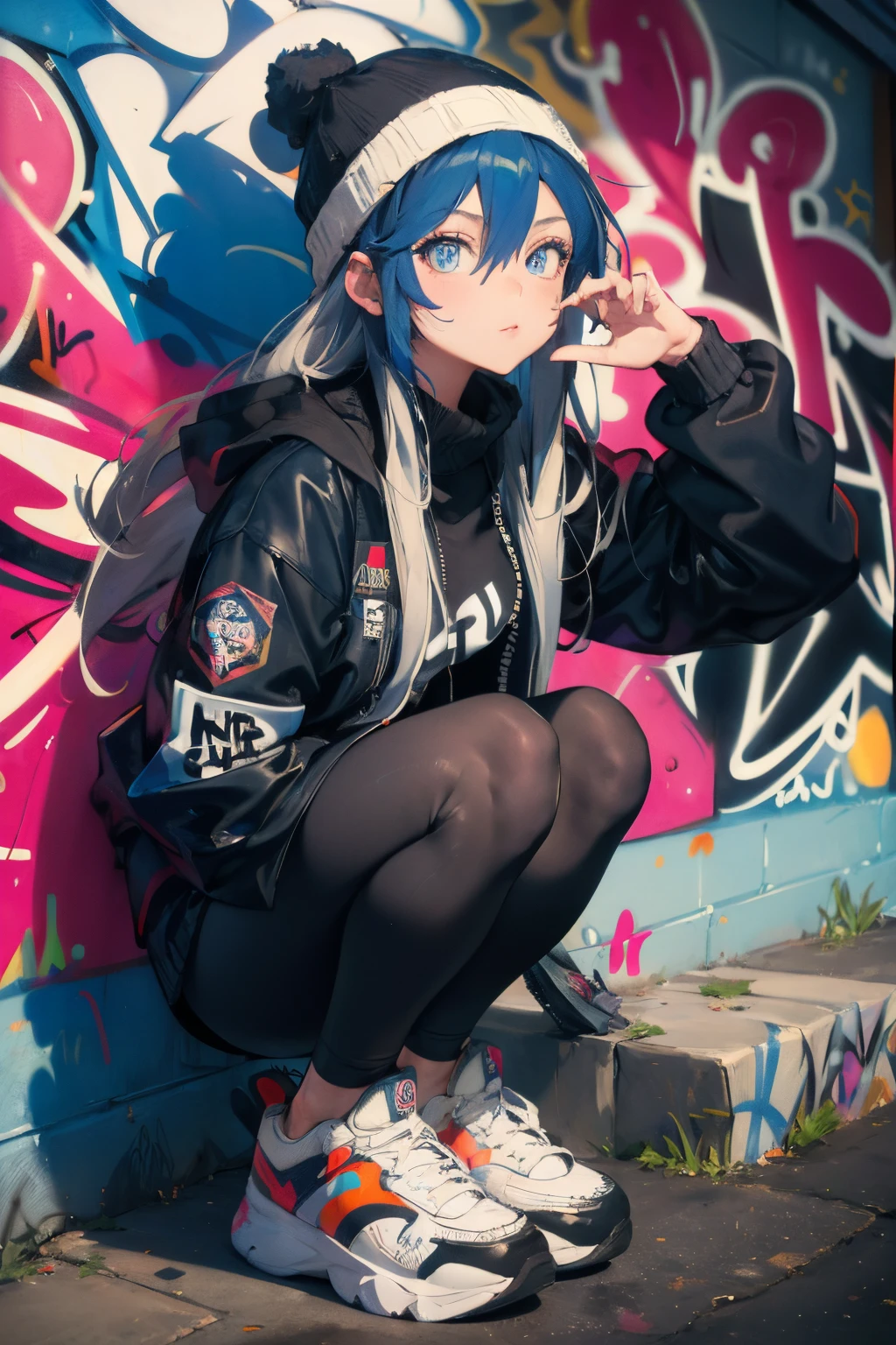 (masterpiece:1.2, best quality), (graffiti wall:1.2), 1lady, beanie, jacket, Leggings, blue eyes, fullbody,