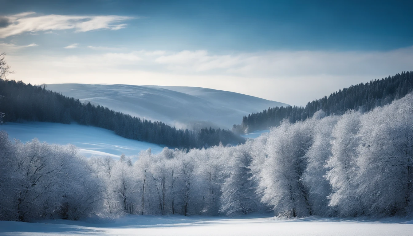 A visually stunning composition of a snowy winter landscape against a bold silver background, with snow-covered trees, a frosty ground, and a clear blue sky, creating a serene and magical scene
