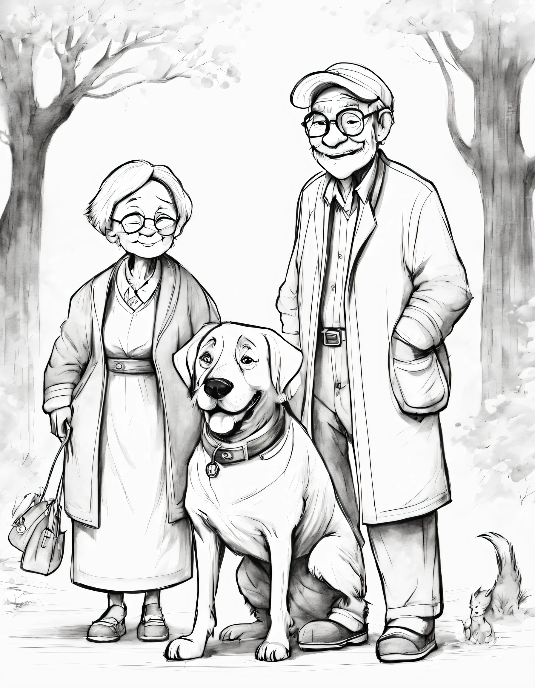 character concept design, line art，grandpa and grandma，doggy，High-quality illustrations，pencil drawing，pen painting，