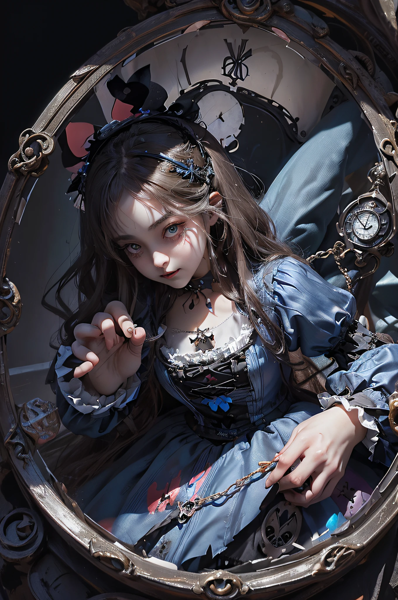 (((Alice in Wonderland in Gothic Lolita Fashion))), ((myth)), Chasing a rabbit wearing a silk hat and holding a pocket watch.Beyond Time and Space、intricate detailes、Terrible、The most beautiful forms of chaos like glasswork、Delicate、Glasswork、girl, Cute、dynamic ungle、Transparency、reddish、azur、A black、