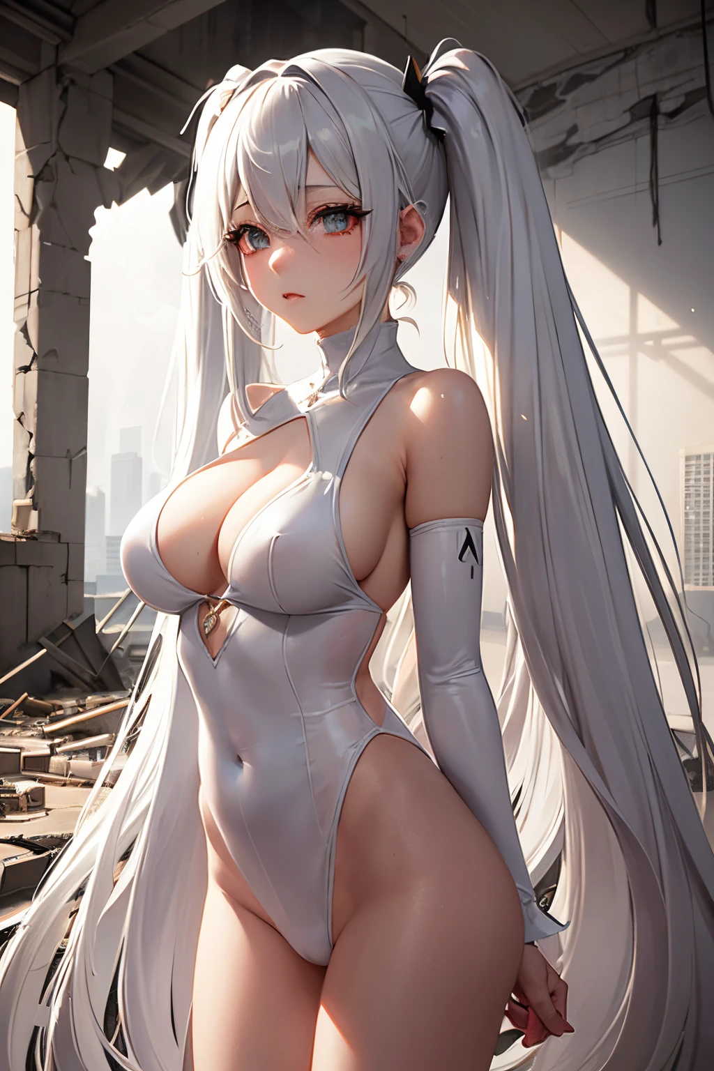 masterpiece, best quality, anachirox, twintails, very long hair, white bodysuit, see-through, cleavage cutout, white hair, expressionless, hair over one eye, destroyed building, soft particles, mist, ashes, dark, nightmare, backlighting