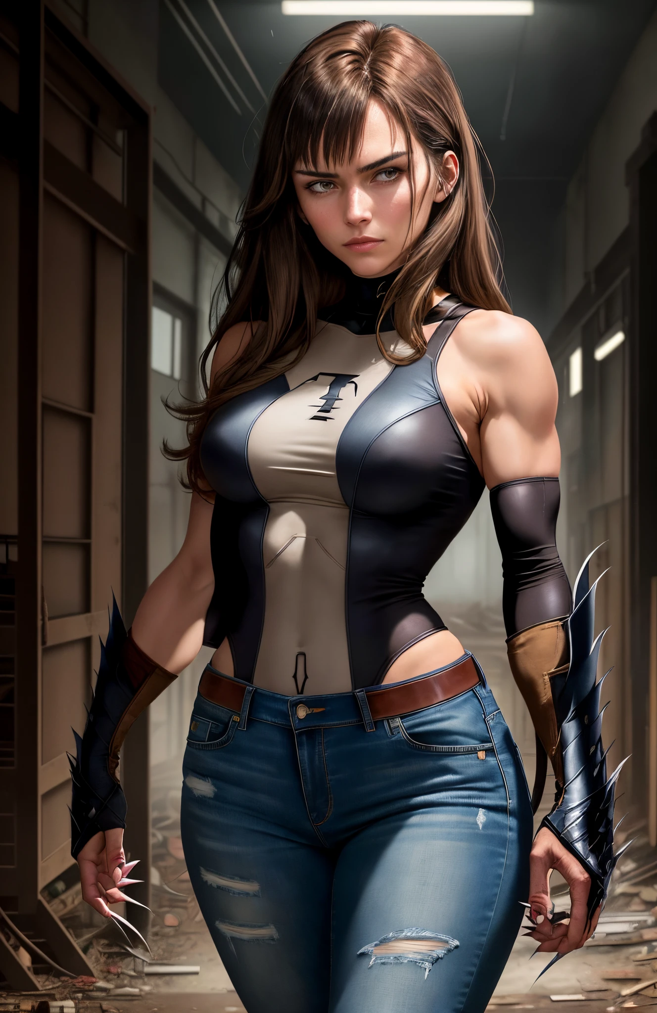 Wolverine X-Men , flet , A beautiful woman. She has light brown hair that reaches around her shoulders. Her bangs are down, hiding her forehead. He is dressed in modern clothing and wears jeans. She has her arms crossed and a defiant look on her face. In her background is a secret, abandoned laboratory that stands in the darkness of night 4k
