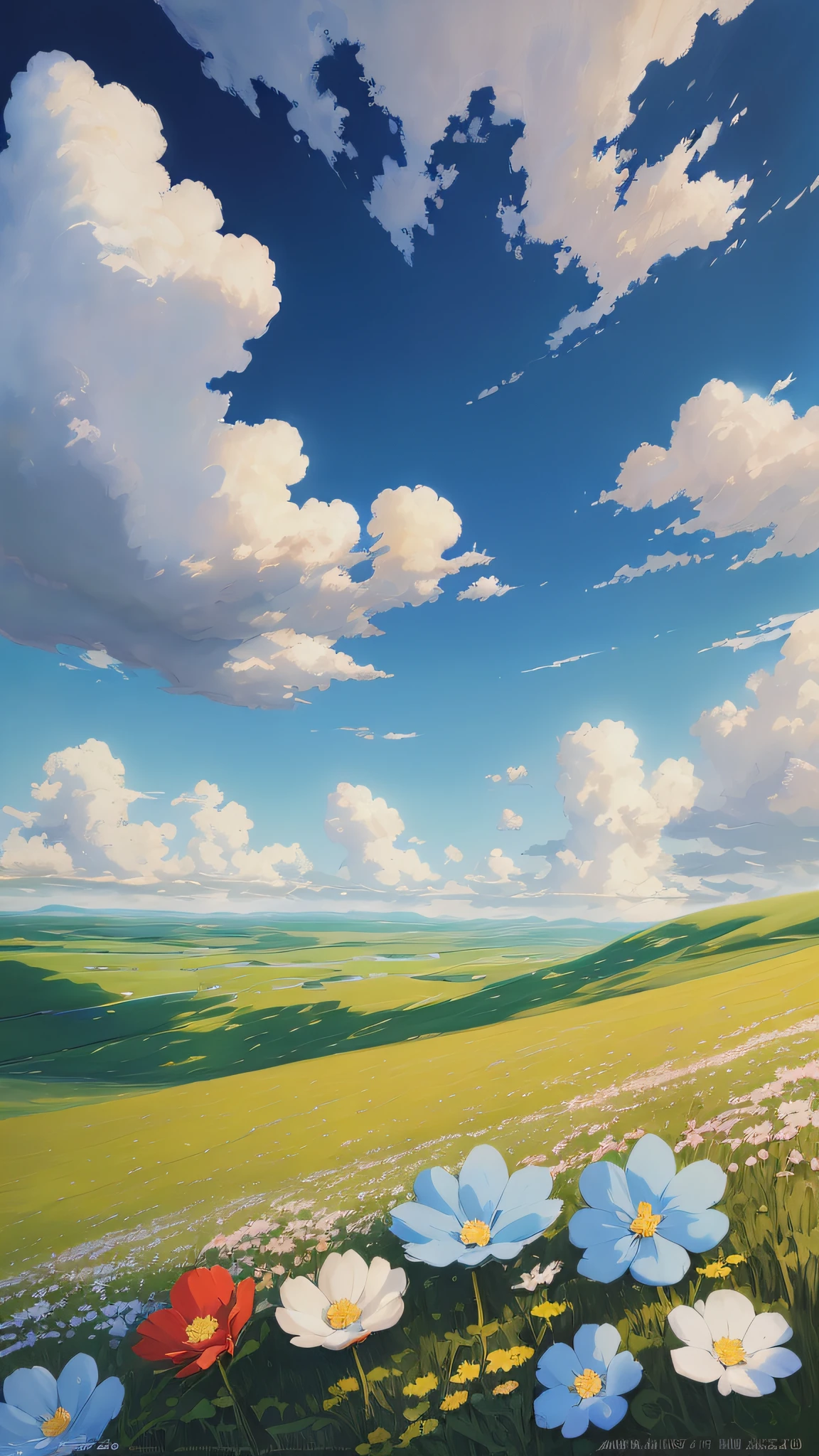 photorealestic,Realiy,Beautiful and amazing landscape oil painting Ghibli Studio Miyazaki petals steppe with blue sky and white clouds ,Dazzling sun,A piece of green,Flowers all over the ground --v6