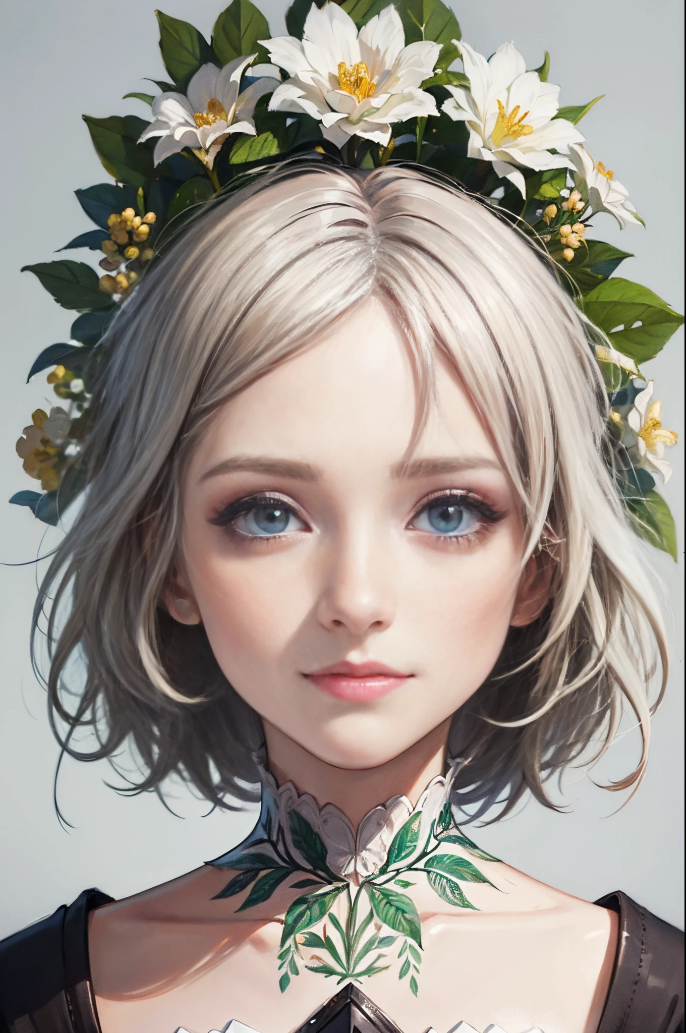 best quality,highres,masterpiece:1.2,ultra-detailed,realistic:1.37,ArtStation trends,CGSociety trends,complex,detailed focus,dramatic,realistic painting art by midjourney and greg rutkowski,sketch,artwork,1girl,portrait,beautiful detailed eyes,cute anime face,portrait,beautiful detailed face,white hair,(botanical illustration:1.5),white dress,lovely expression