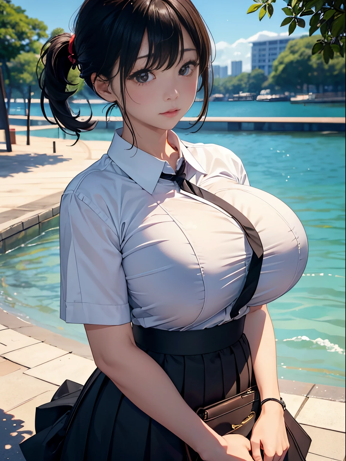 20 years girl、(masterpiece:1.4)、(in 8K、realisitic、Raw photo、top-quality:1.4)、(Real Face:1.4)、(real looking skin:1.3)、超A high resolution、A hyper-realistic、Brown eyes、high detailing、black hair shorthair、White collared shirt、pleatedskirt、(huge-breasted:1.5)、cleavage of the breast、gargantilha、blushing、Embarrassed look、a park