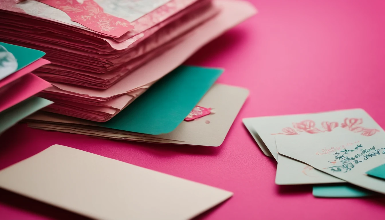 A close-up shot of a stack of handwritten Christmas cards against a bold pink background, with festive designs and colorful stamps, creating a heartwarming and nostalgic image.