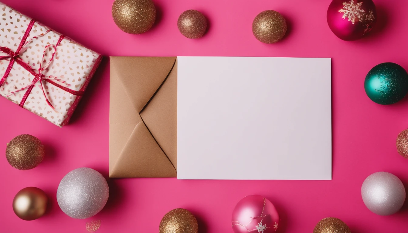 A close-up shot of a stack of handwritten Christmas cards against a bold pink background, with festive designs and colorful stamps, creating a heartwarming and nostalgic image.