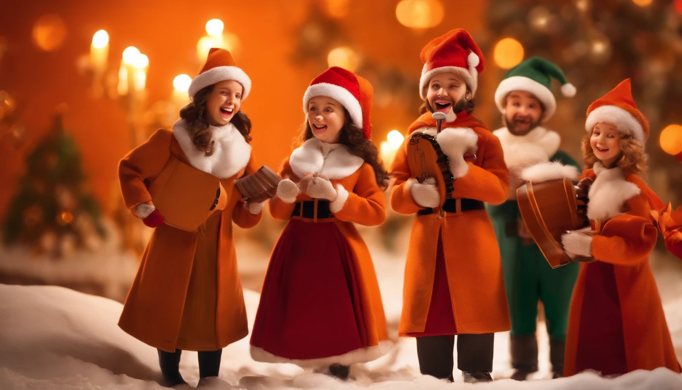 A high-resolution image of a group of cheerful carolers singing against a bold orange background, with bright smiles, festive attire, and musical instruments, creating a joyful and lively scene