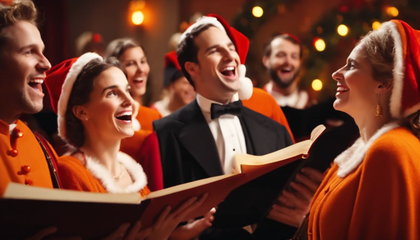 A high-resolution image of a group of cheerful carolers singing against a bold orange background, with bright smiles, festive attire, and musical instruments, creating a joyful and lively scene
