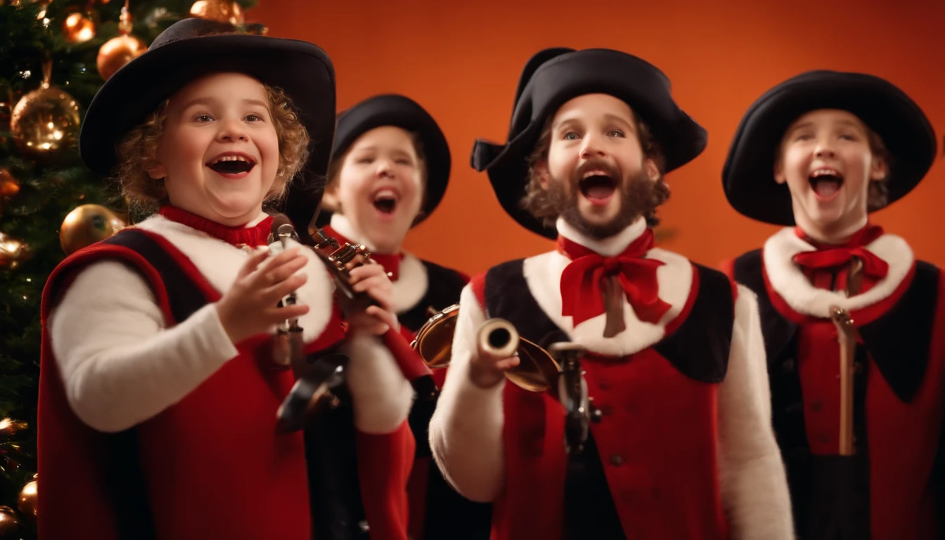 A high-resolution image of a group of cheerful carolers singing against a bold orange background, with bright smiles, festive attire, and musical instruments, creating a joyful and lively scene