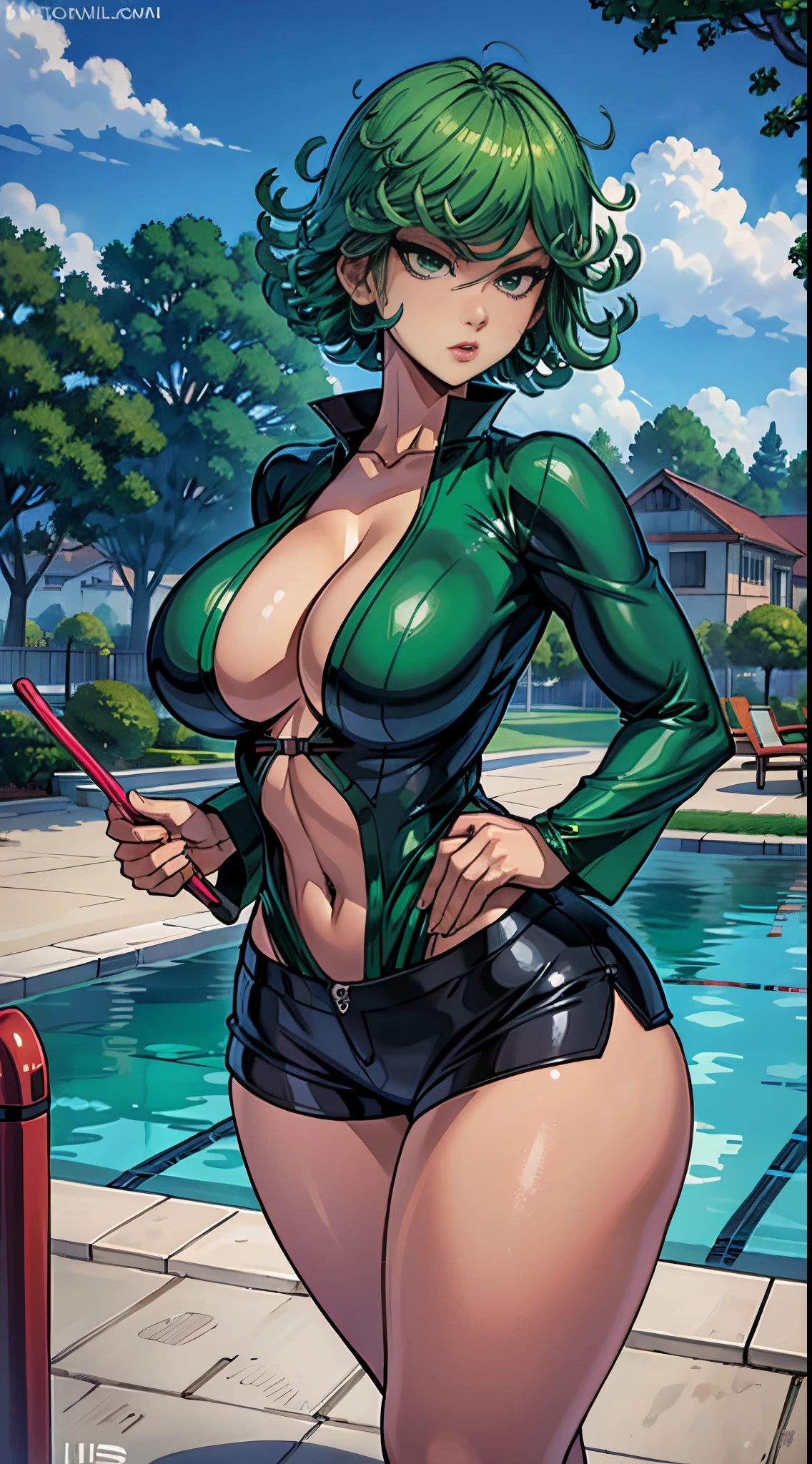 (best quality:1.3), tatsumaki by one punchman , busty, cleavage, seductive, sexy, curvy body, big ass, big boobs, (shorts), (pool)