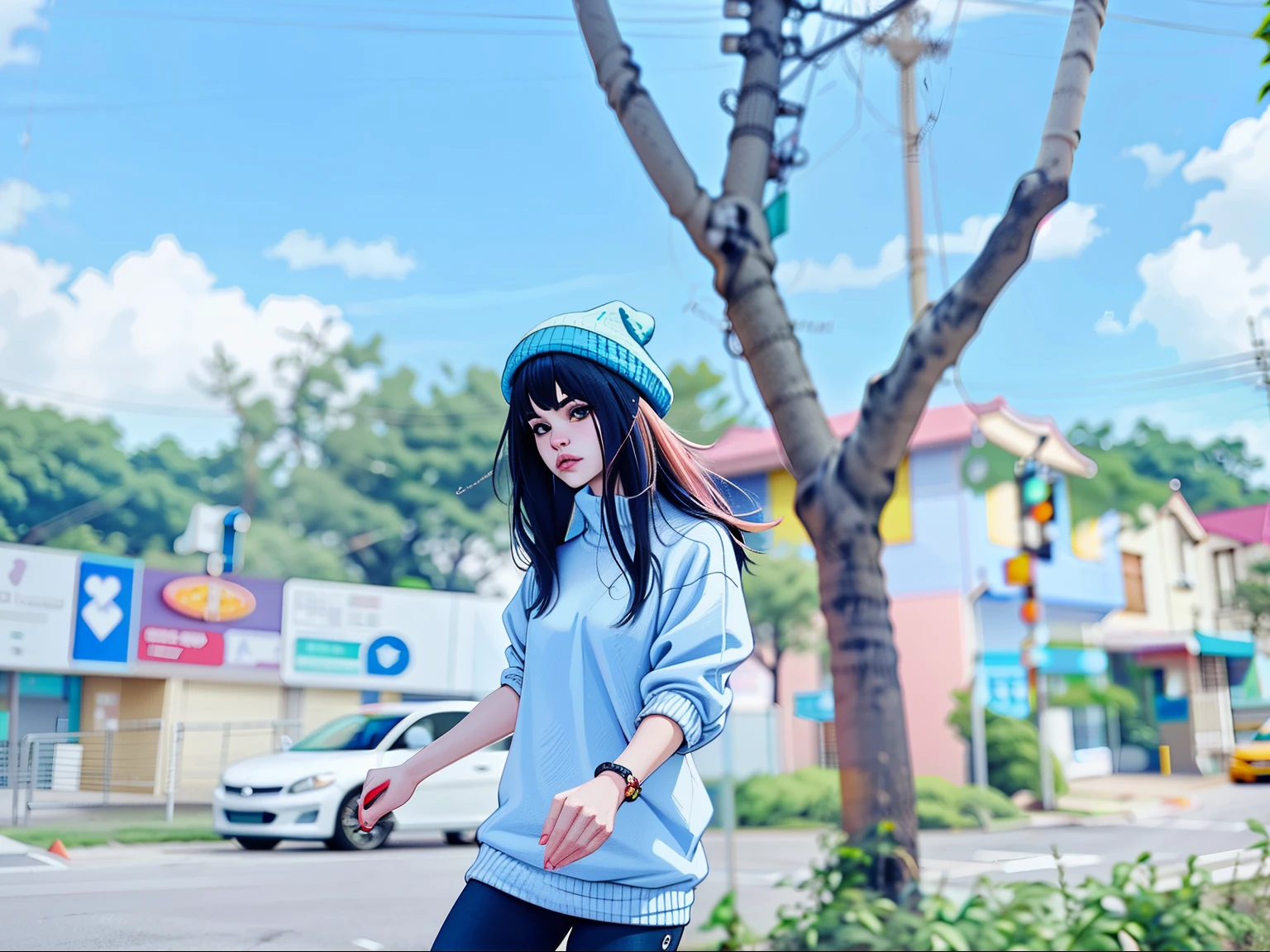 there is a woman riding a skateboard on a city street, casual photography, casual pose, blue sweater, with a cool pose, shot on sony a 7, distorted pose, 😭 🤮 💕 🎀, pastel blue, cool pose, pale blue outfit, blue toned, 🤬 🤮 💕 🎀, shot with sigma f / 4. 2