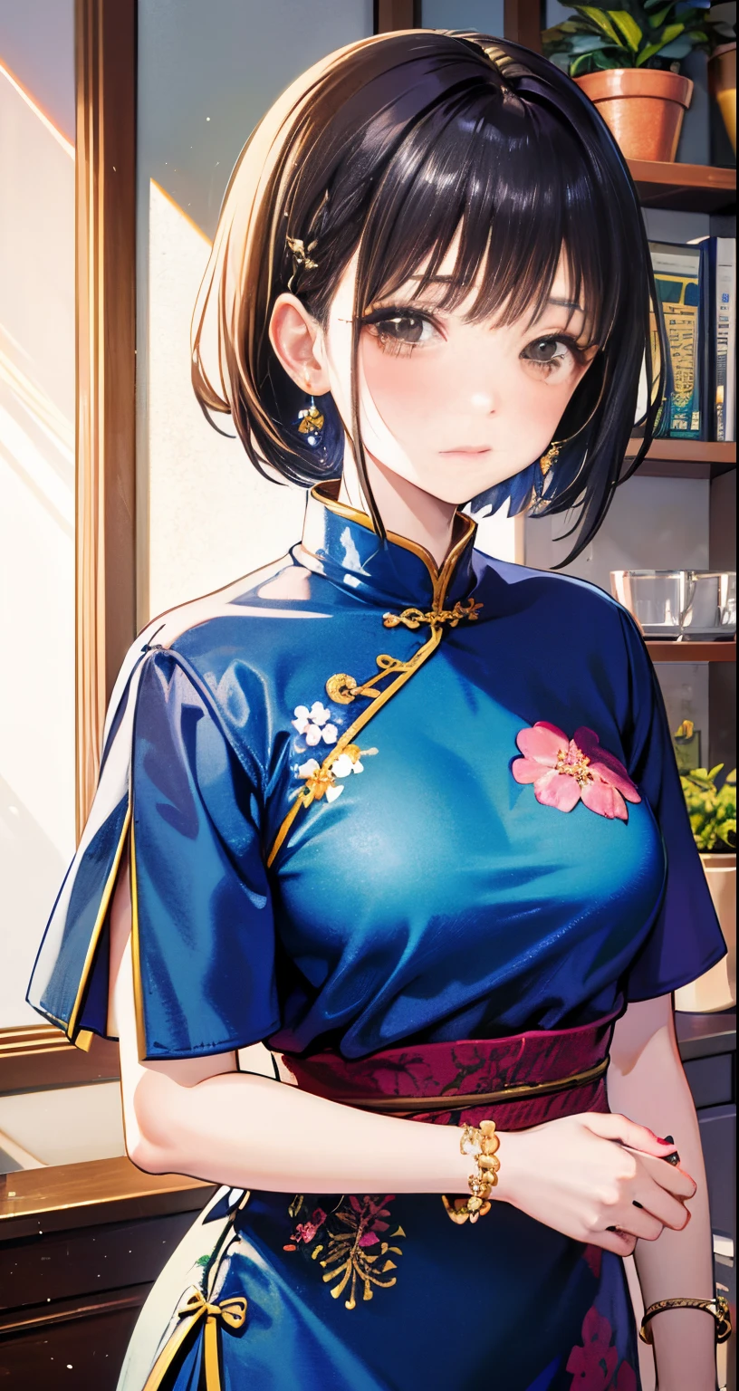 1girl, plant, solo, jewelry, earrings, potted plant, black hair, dress, looking at viewer, short sleeves, bangs, blush, brown eyes, floral print, indoors, bracelet, standing, shelf, short hair, hair ornament, print dress, nail polish, blue dress, medium hair, braid, chinese clothes, closed mouth