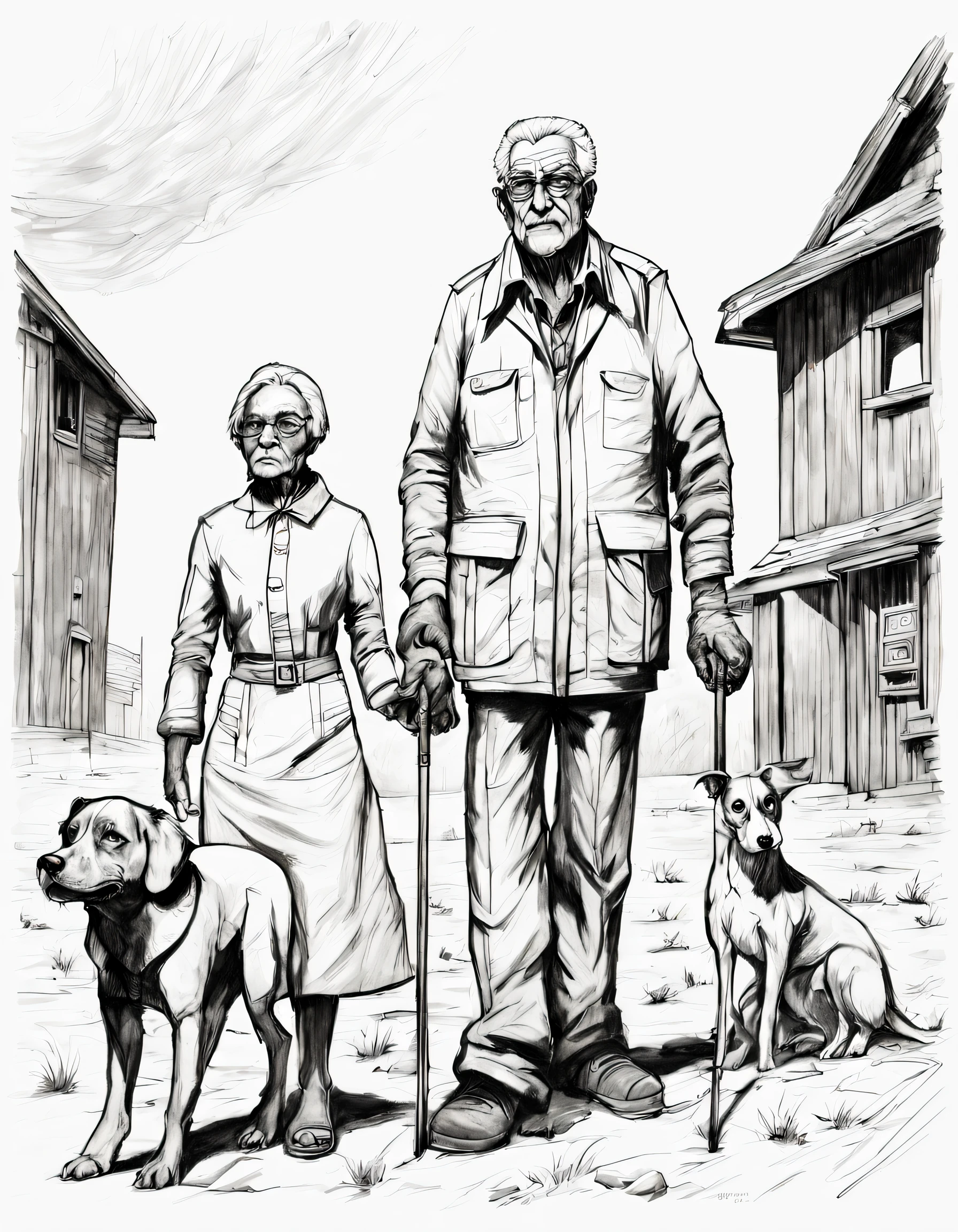 character concept design, line art，Grandpa and grandma，doggy，High quality illustrationtiz，pencil drawing，pen painting，wasteland, sci-fi art, Elizabeth Catlett