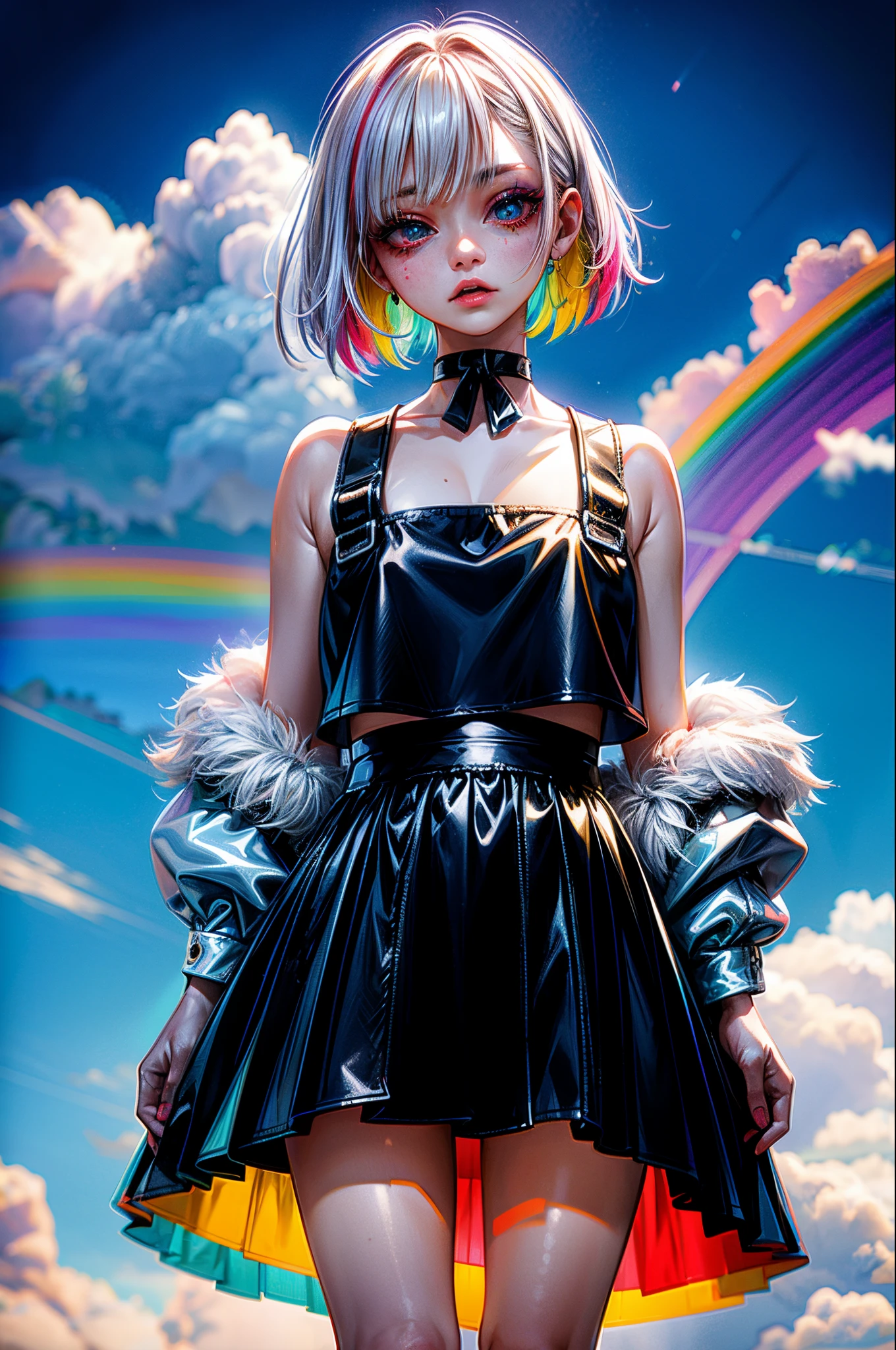 Rainbow on background、Irridescent color、colourfull、top-quality、超A high resolution、(Photorealsitic:1.4)、Female 1 Person、Sleeveless white buttoned shirt、Black skirt、Black Choker、cute little、(Kpop Idle)、(attractiveness:1)、(Platinum Blonde Hair:1)、((Puffy eyes))、Look at the viewer、full body Esbian、Facing the front