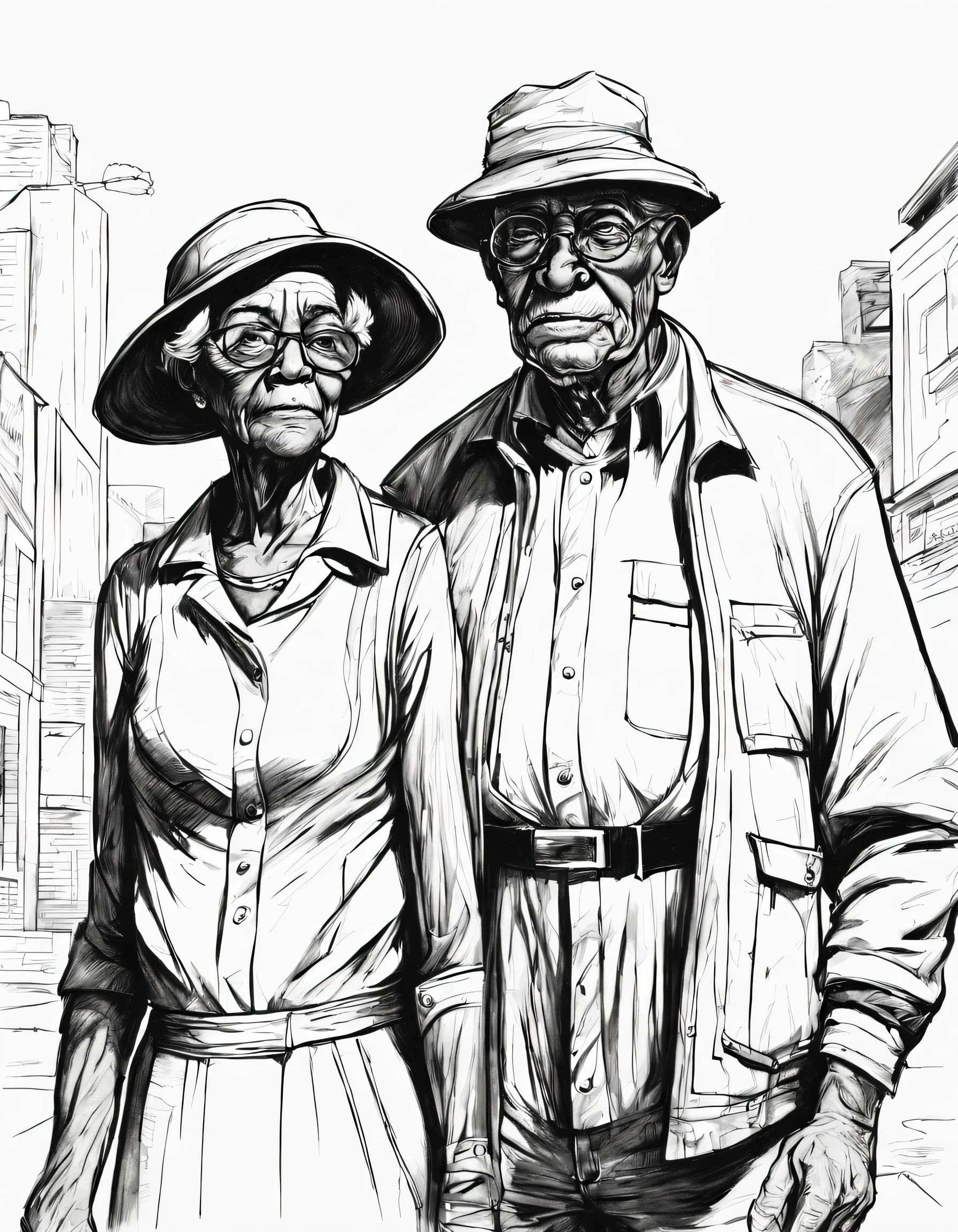 character concept design, line art，Grandpa and grandma，doggy，High quality illustrationtiz，pencil drawing，pen painting，wasteland, sci-fi art, Elizabeth Catlett