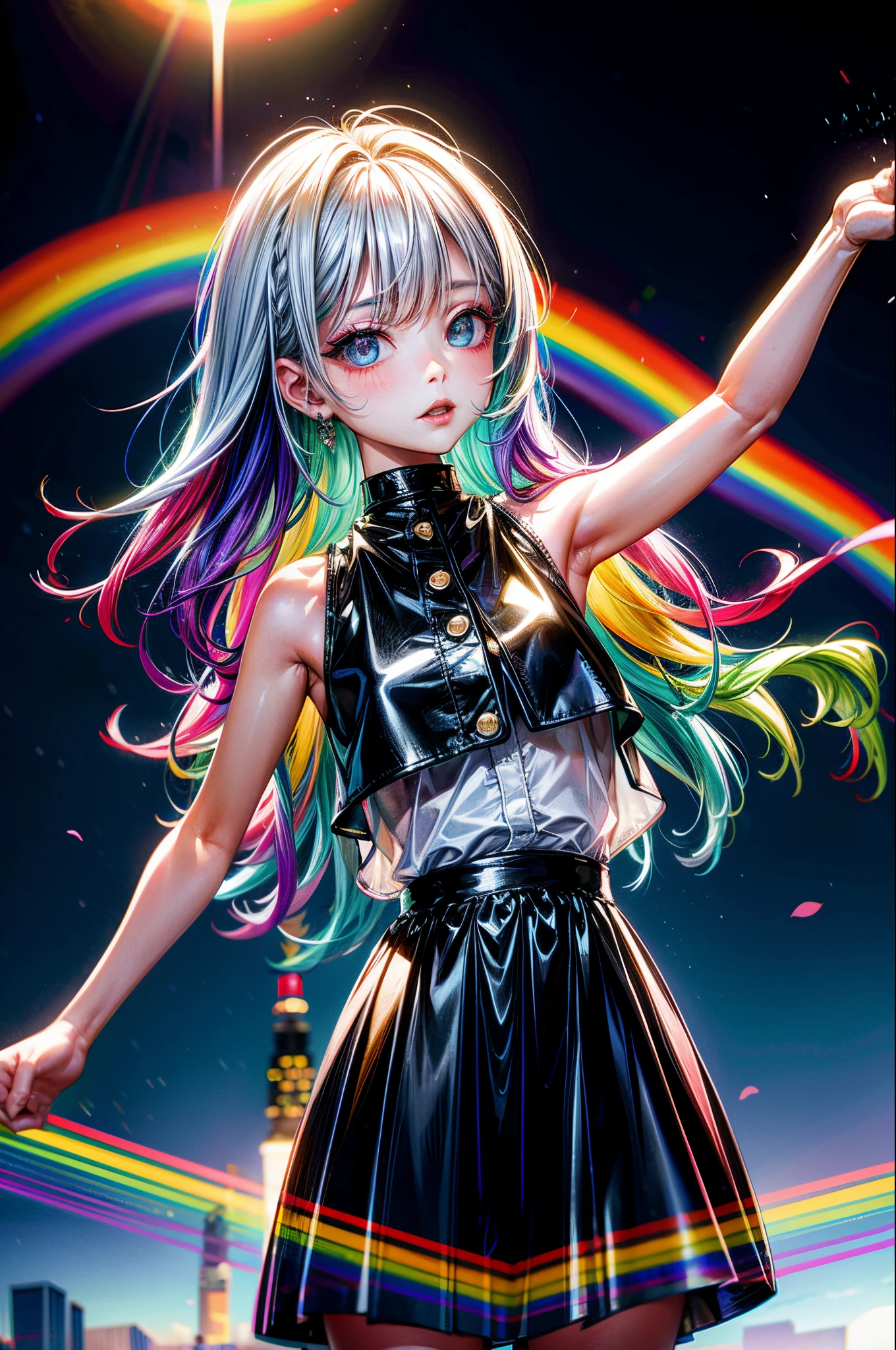 Rainbow on background、Irridescent color、colourfull、top-quality、超A high resolution、(Photorealsitic:1.4)、Female 1 Person、Sleeveless white buttoned shirt、Black skirt、Black Choker、cute little、(Kpop Idle)、(attractiveness:1)、(Platinum Blonde Hair:1)、((Puffy eyes))、Look at the viewer、full body Esbian、Facing the front