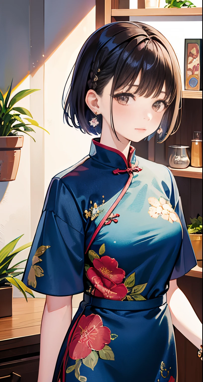 1girl, plant, solo, jewelry, earrings, potted plant, black hair, dress, looking at viewer, short sleeves, bangs, blush, brown eyes, floral print, indoors, bracelet, standing, shelf, short hair, hair ornament, print dress, nail polish, blue dress, medium hair, braid, chinese clothes, closed mouth