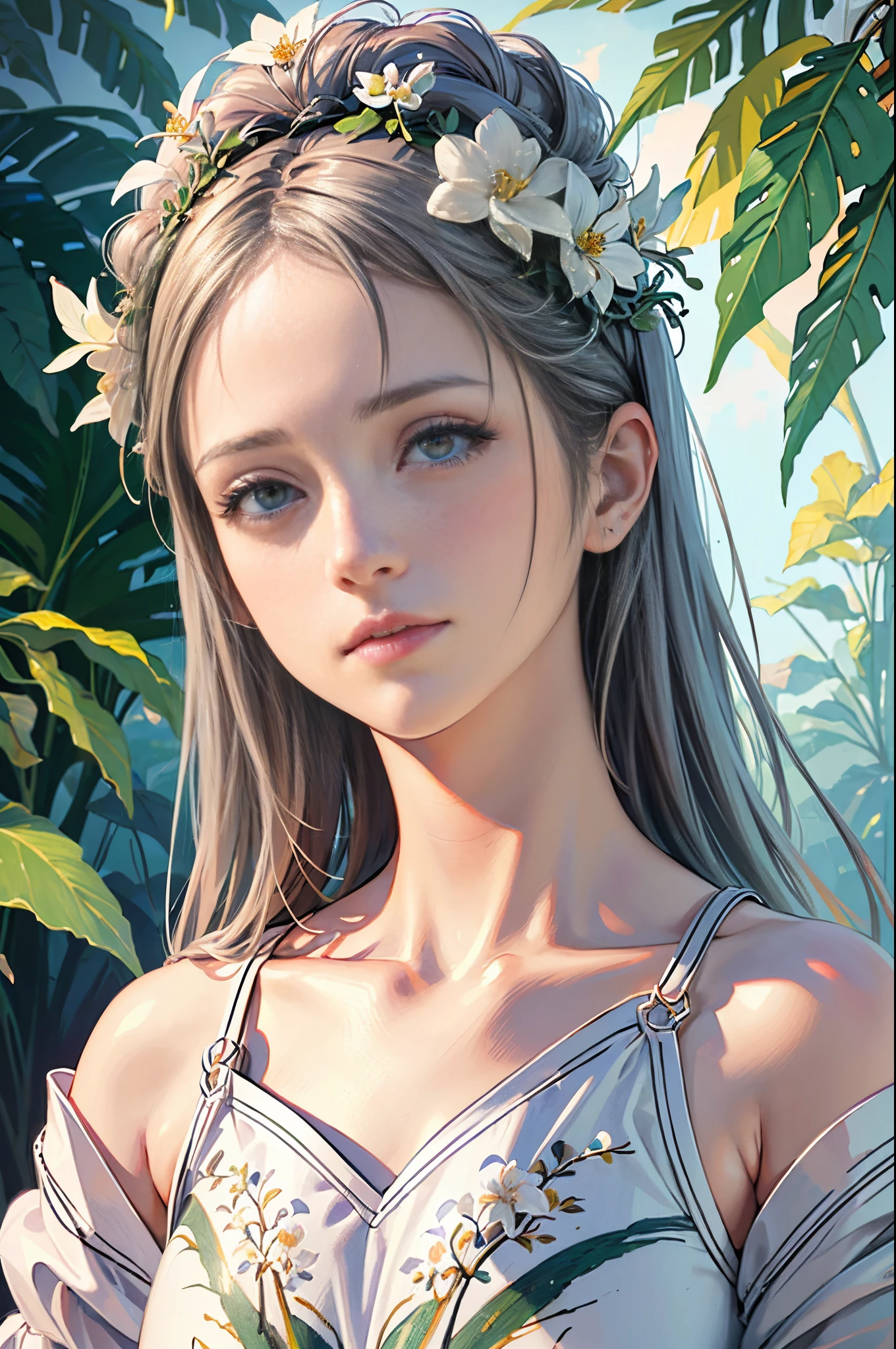 (best quality,high resolution,masterpiece:1.2),ultra-detailed,(realistic,photorealistic,photo-realistic:1.37),art station trends,CG community,complex,detailed focus,dramatic,midjourney and greg rutkowski's realistic painting art,sketch,artwork,1 girl,portrait,beautiful detailed eyes,cute anime face,portrait,beautiful detailed face,white hair,(botanical illustration:1.5),white dress,adorable expression