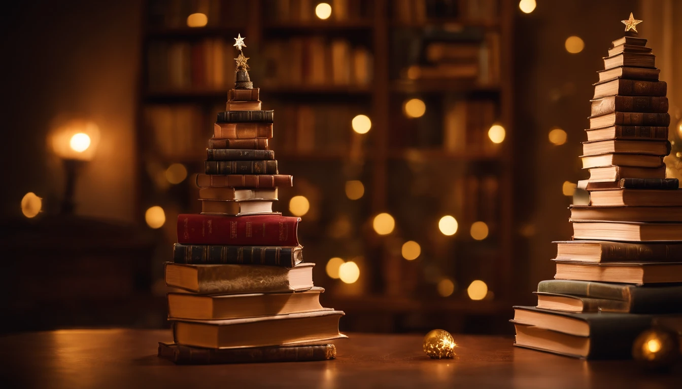 A high-resolution image of a conceptual Christmas tree made entirely of books, with stacks of books forming the shape of a tree, adorned with twinkling lights and book-themed ornaments, creating a unique and literary-inspired holiday display.