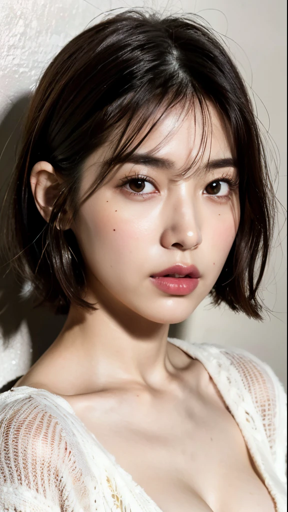 (Best quality, 8k, 32k, Masterpiece, UHD:1.2),Photo of Pretty Japanese woman, large breasts, very short bob hair,upper body,face focus,oversized_sweater, necklace, simple background, from above, looking at viewer,