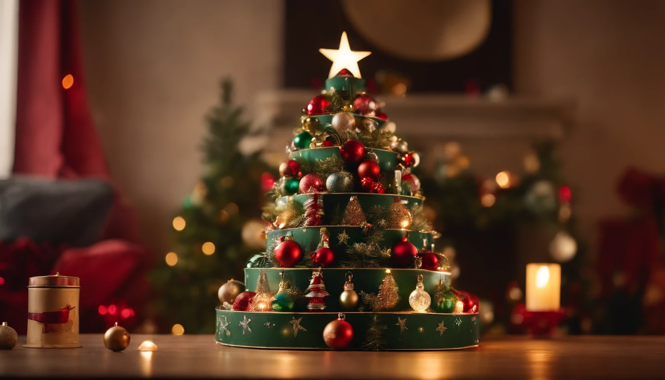 A visually stunning composition of a conceptual Christmas tree made of recycled materials, with discarded bottles, cans, and cardboard creatively arranged to form the shape of a tree, decorated with upcycled ornaments and colorful ribbons, creating an eco-friendly and visually impactful holiday centerpiece