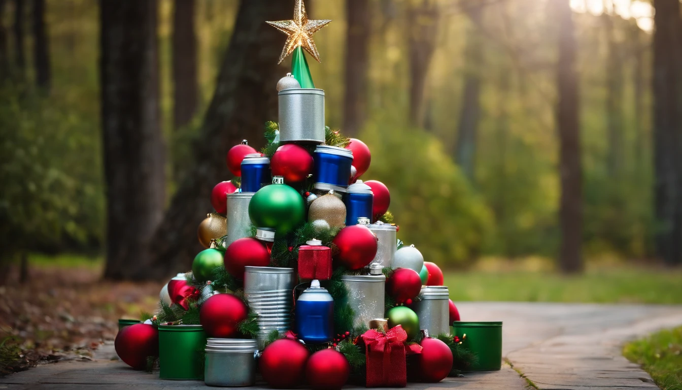 A visually stunning composition of a conceptual Christmas tree made of recycled materials, with discarded bottles, cans, and cardboard creatively arranged to form the shape of a tree, decorated with upcycled ornaments and colorful ribbons, creating an eco-friendly and visually impactful holiday centerpiece