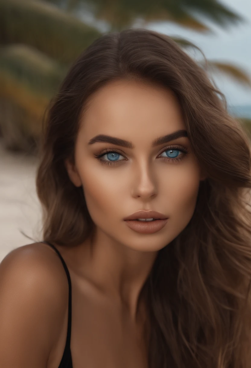 Latino and Swedish Woman, sexy girl with blue eyes, ultra realist, Meticulously detailed, Portrait Sophie Mudd, brown hair and big eyes, selfie of a young woman, beach background, black suite, with makeup, natural makeup, looking straight at camera , Face with Artgram, Subtle makeup, Great photo of the whole body standing on the beach, in the bedroom, Medium to large bust, in a sexy black bikini outfit