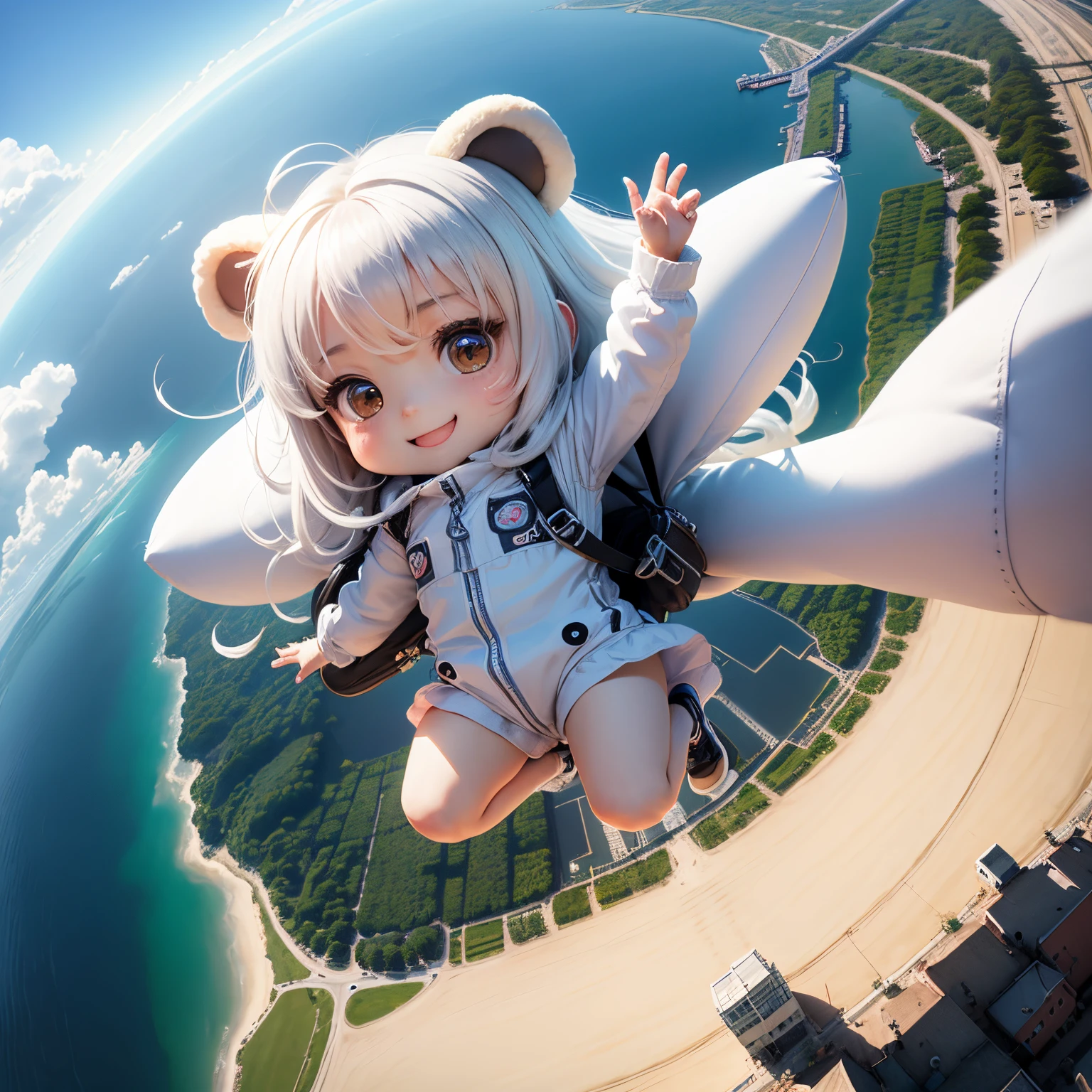 masterpiece、top-quality、ultra-detailliert、(Chibi Chara's Daughter:1.2)、skydiving、Wide shot from drone、Long white hair sways in the wind、Wearing a bear costume、a smile、