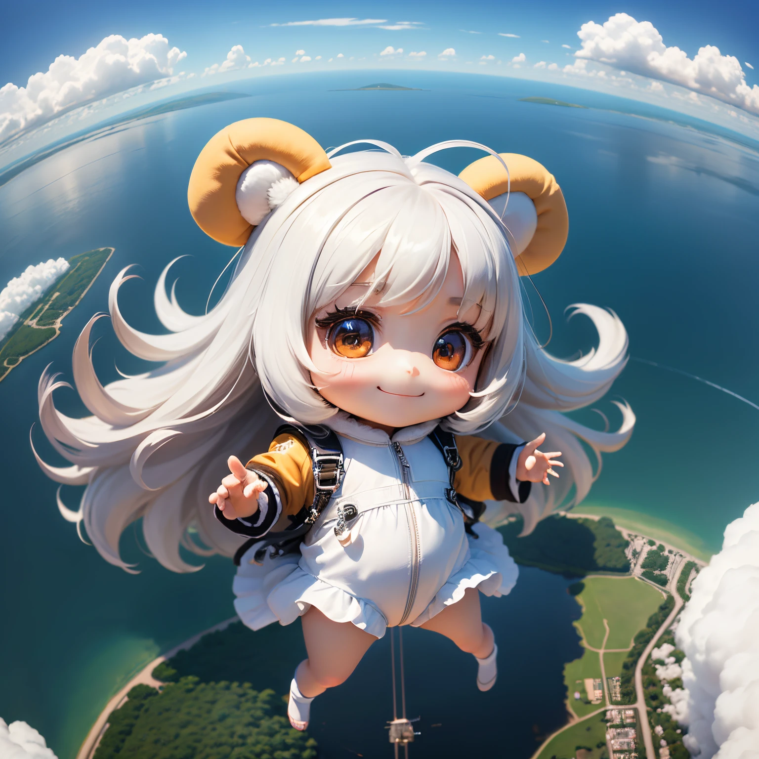 masterpiece、top-quality、ultra-detailliert、(Chibi Chara's Daughter:1.2)、skydiving、Wide shot from drone、Long white hair sways in the wind、Wearing a bear costume、a smile、