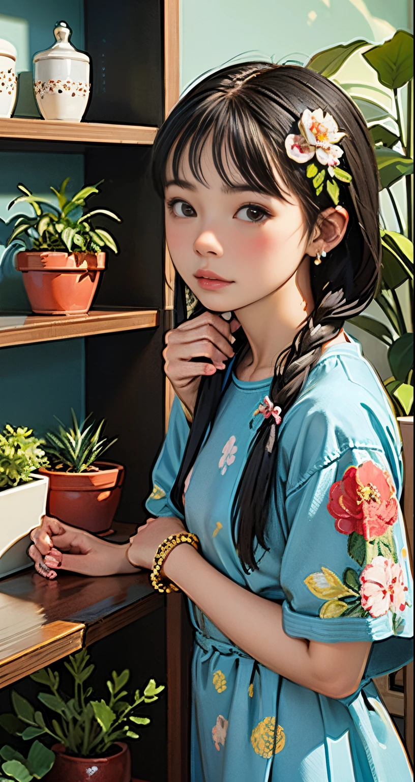 1girl, plant, solo, jewelry, earrings, potted plant, black hair, dress, looking at viewer, short sleeves, bangs, blush, brown eyes, floral print, indoors, bracelet, standing, shelf, short hair, hair ornament, print dress, nail polish, blue dress, medium hair, braid, chinese clothes, closed mouth