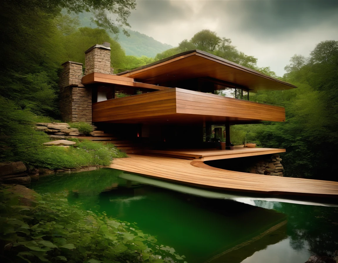 a small futuristic wooden house on a green hill, (((one store house))) (minimalism influence), ((Frank Lloyd Wright Fallingwater)),(((with large terraces))), ((natural lake)), waterfall, one-story house, big panorama windows. (((Standin wooden panels))) (((Water falls)))