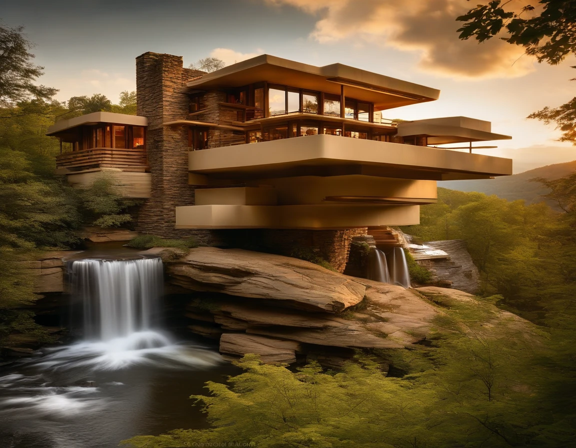 a small futuristic wooden house on a green hill, (((one store house))) (minimalism influence), ((Frank Lloyd Wright Fallingwater)),(((with large terraces))), ((natural lake)), waterfall, one-story house, big panorama windows. (((Standin wooden panels))) (((Water falls)))