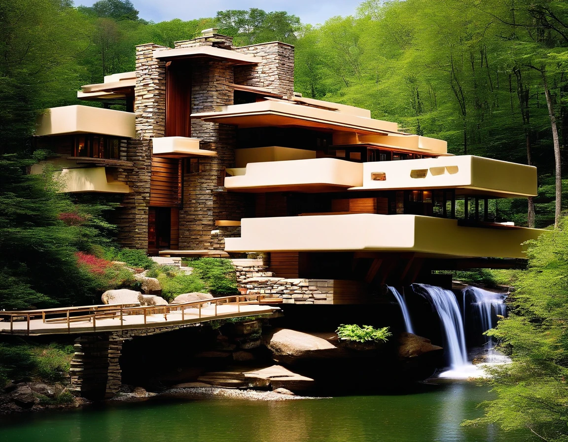 a small futuristic wooden house on a green hill, (((one store house))) (minimalism influence), ((Frank Lloyd Wright Fallingwater)),(((with large terraces))), ((natural lake)), waterfall, one-story house, big panorama windows. (((Standin wooden panels))) (((Water falls)))