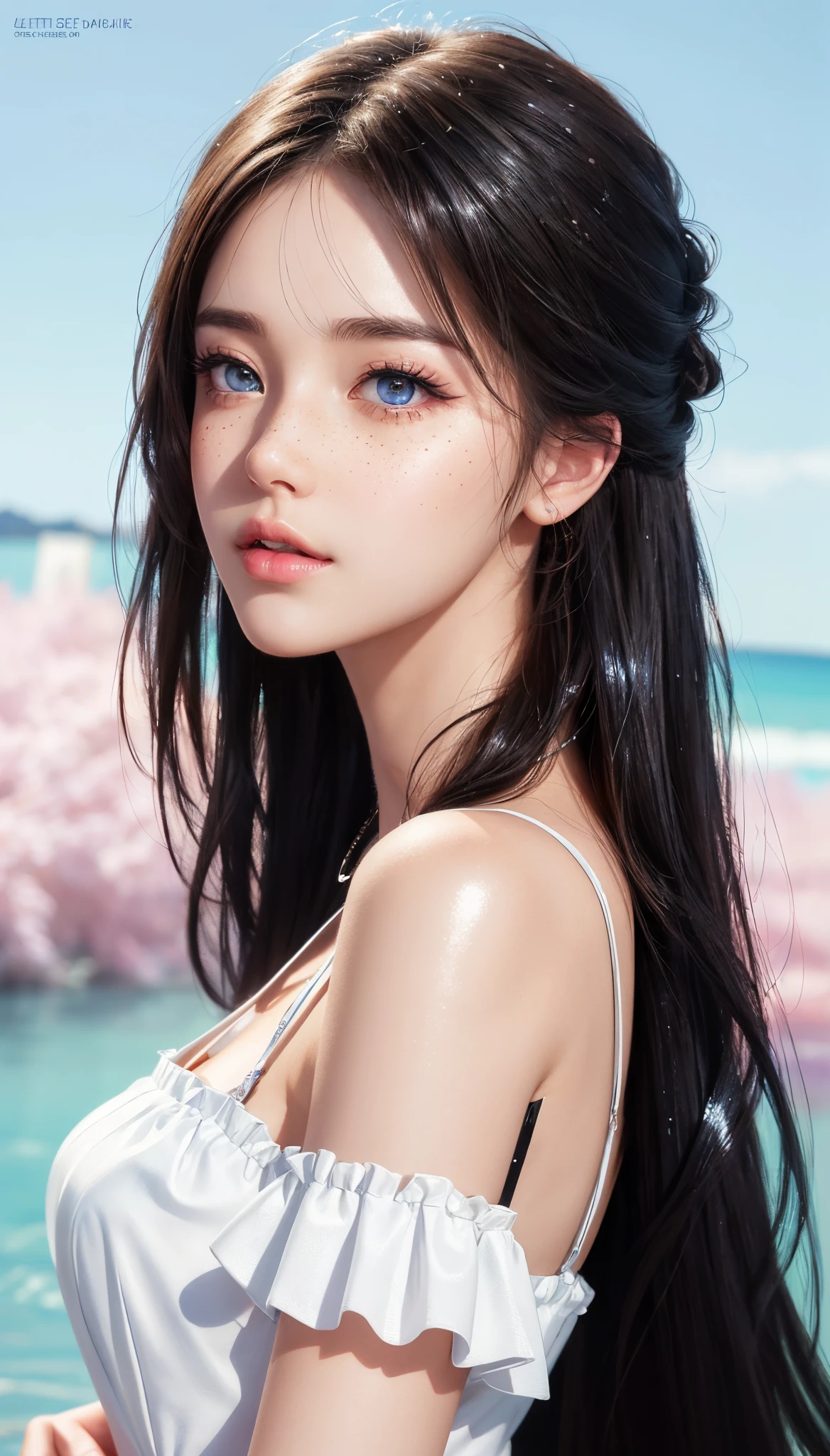 ((ultra detailed)),((Bright eyes)), (Detailed eyes) , 8k, blink blink, (The Little Faux Freckles Makeupgirl), ((realistic skin)), ((focus detailed 2 straps on the shoulders of dress)) , ((shiny facial skin)), with colorful hair and a colorful dress, rossdraws pastel vibrant, rossdraws cartoon vibrant, style anime 8k, beautiful portrait, artgerm colorful!!!, ! dream artgerm, beautiful anime girl, styled digital art, art wallpaper 8k, digital art, extremely detailed artgerm,