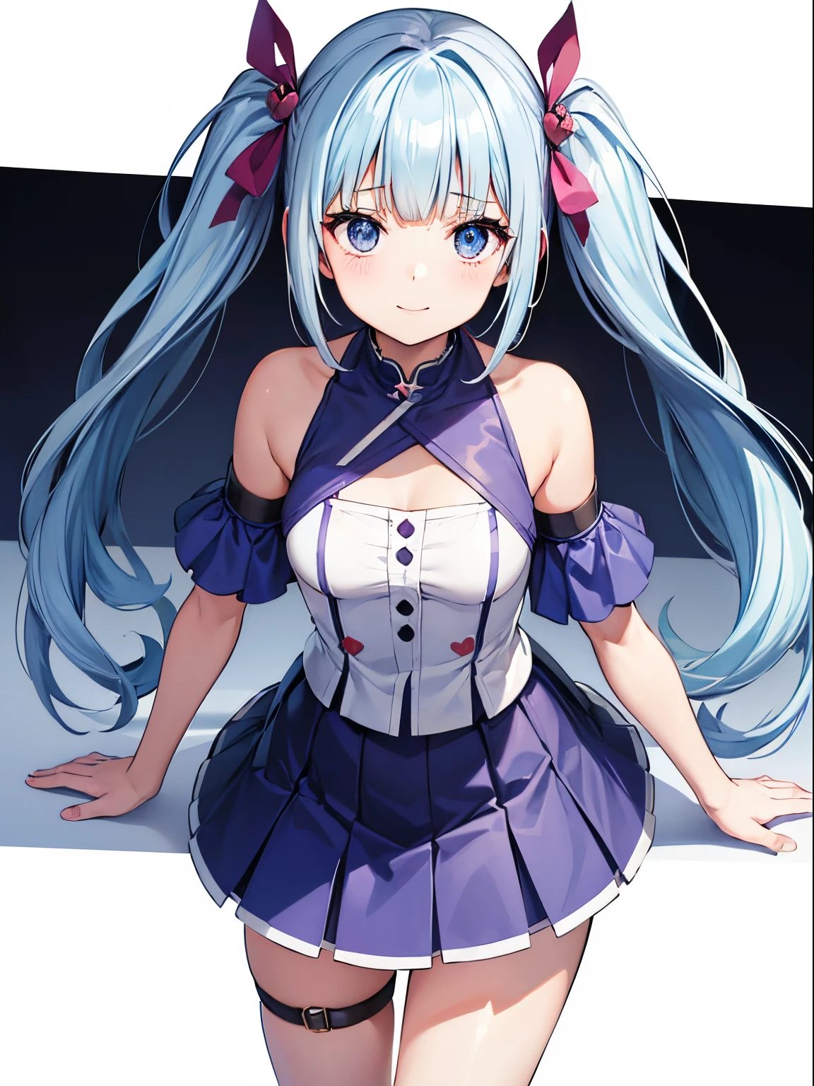 (masutepiece:1.3), (Best Quality:1.3), High resolution, 


Couboy Shot, 
Leaning forward, body facing forward, 

(One Cute Girl:1.3), Solo, 
White skin, tiny chest, eight-headed person, 
Long light blue hair、Hairstyle is Twintails, (Blunt bangs:1.2), Beautiful hair, Blue eyes, Beautiful detailed eyes, 

 heart mark, Cheerful smile, 

Short dress, Blue Check Skirt, Miniskirt Ohanabatake, (White background:1.2), 

Shadow lighting,